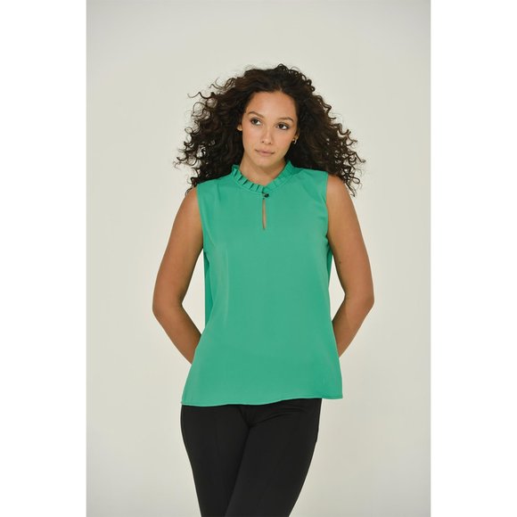 Emerald Green Sleeveless Keyhole Blouse With Delicate Ruffle Neck - Picture 3 of 6